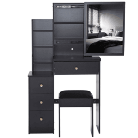 29.2 Small Space Left Bedside Cabinet Vanity Table   Cushioned Stool, Extra Large Right Sliding Mirror  Multi Layer High Capacity Storage, Practical F
