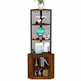 Corner Shelf with Doors, 65" Corner Cabinet & Wine Glass Rack, 6 Tier Bookshelf Display, Freestanding Corner Storage Stand for Kitchen, Living Room, B