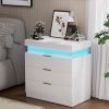 Nightstand with Charging Station and LED Lights,Night Stand with Sliding Top for Bedroom,Bedside Table with Drawers,Modern End Side Table,White.28.8''