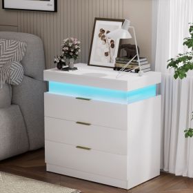 Nightstand with Charging Station and LED Lights,Night Stand with Sliding Top for Bedroom,Bedside Table with Drawers,Modern End Side Table,White.28.8''