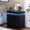 Nightstand with Charging Station and LED Lights,Night Stand with Sliding Top for Bedroom,Bedside Table with Drawers,Modern End Side Table,Black.28.8''