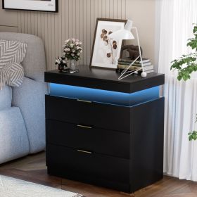 Nightstand with Charging Station and LED Lights,Night Stand with Sliding Top for Bedroom,Bedside Table with Drawers,Modern End Side Table,Black.28.8''