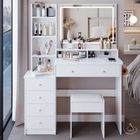 41" Large Size Left Bedside Cabinet Vanity Table+Cushioned Stool Dresser Set, 2 AC+2 USB Power Station, Hair Dryer Stand, Extra Large Touch Control LE