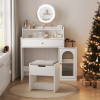 White Vanity Desk with 360Â° Rotated Mirror and Adjustable Lights, Girls Makeup Vanity Table with Storage Chair and Side Cabinet with Waveform Glass D