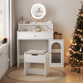 White Vanity Desk with 360Â° Rotated Mirror and Adjustable Lights, Girls Makeup Vanity Table with Storage Chair and Side Cabinet with Waveform Glass D