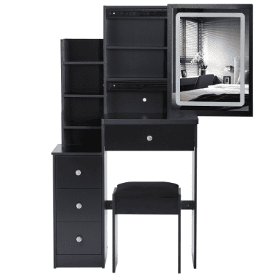 29.2 Small Size Left Bedside Cabinet Vanity Table   Cushioned Stool, Large Sliding  Touch Control  Tri-color Switching, Brightness Adjust LED Mirror,