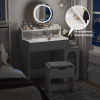 White Vanity Desk with 360Â° Rotated Mirror and Adjustable Lights, Girls Makeup Vanity Table with Storage Chair and Side Cabinet with Waveform Glass D