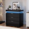Nightstand with Charging Station and LED Lights,Night Stand with Sliding Top for Bedroom,Bedside Table with Drawers,Modern End Side Table,Black.28.8''