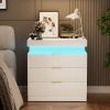 Nightstand with Charging Station and LED Lights,Night Stand with Sliding Top for Bedroom,Bedside Table with Drawers,Modern End Side Table,White.28.8''
