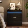 Nightstand with Charging Station and LED Lights,Night Stand with Sliding Top for Bedroom,Bedside Table with Drawers,Modern End Side Table,Black.28.8''