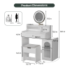 White Vanity Desk with 360Â° Rotated Mirror and Adjustable Lights, Girls Makeup Vanity Table with Storage Chair and Side Cabinet with Waveform Glass D