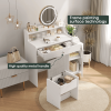 White Vanity Desk with 360Â° Rotated Mirror and Adjustable Lights, Girls Makeup Vanity Table with Storage Chair and Side Cabinet with Waveform Glass D