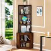 Corner Shelf with Doors, 65" Corner Cabinet & Wine Glass Rack, 6 Tier Bookshelf Display, Freestanding Corner Storage Stand for Kitchen, Living Room, B