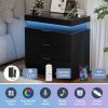 Nightstand with Charging Station and LED Lights,Night Stand with Sliding Top for Bedroom,Bedside Table with Drawers,Modern End Side Table,Black.28.8''