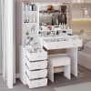 41" Large Size Left Bedside Cabinet Vanity Table+Cushioned Stool Dresser Set, 2 AC+2 USB Power Station, Hair Dryer Stand, Extra Large Touch Control LE