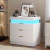 Nightstand with Charging Station and LED Lights,Night Stand with Sliding Top for Bedroom,Bedside Table with Drawers,Modern End Side Table,White.28.8''