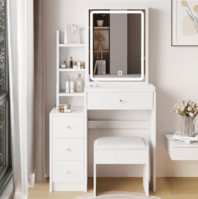 Small Size Left Bedside Table, Dressing Table With Soft Cushion Stool, Oversized Touch Sliding LED Mirror, Tri Color Switching, Adjustable Brightness,