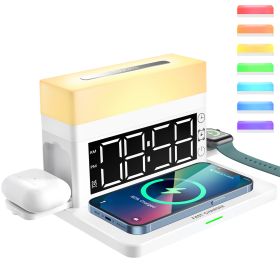 Digital LED Alarm Clock For Bedrooms  Fast Wireless Charger Station For Phone Earphones Smartwatch  Detachable Portable Colorful Big Night Light (Color: White)