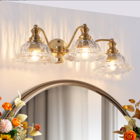 24 Inch 3-Light Vintage Bathroom Wall Sconce - Elegant Golden Metal And Glass Lampshade Vanity Light Fixture For Bathroom, Hallway, Or Bedroom Bu (Color: Gold)