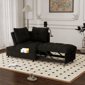 1 Versatile Foldable Sofa Bed In 3 Lengths, Modern Sofa Sofa Sofa Velvet Pull-out Bed, Loveseat Sofa Adjustable Back And With USB Port And Swivel Phon (Color: Black)