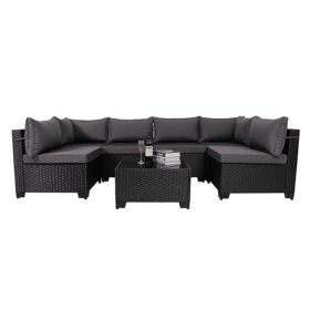 7 Pieces Outdoor Rattan Patio Sectional Set, Black Wicker Furniture Conversation Sets With Washable Cushions & Glass Coffee Table For Garden, Poolside (Option: Black Gray)