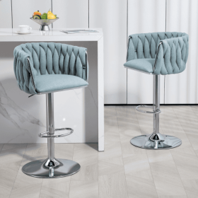 360 Fabric Cover Swivel Bar Stools Set Of 2, Adjustable Counter Height Bar Chairs With Woven Back & Footrest, Silver Chromed Bar Stools For Kitchen Is (Color: Blue)
