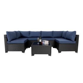 7 Pieces Outdoor Rattan Patio Sectional Set, Black Wicker Furniture Conversation Sets With Washable Cushions & Glass Coffee Table For Garden, Poolside (Option: Black Blue)