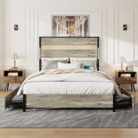 Queen Size Bed Frame With Headboard And 4 Storage Drawers , Queen Bed Frame With Charging Station And LED Lights, Wood Slats, Easy Assembly,No Box Spr (Option: Queen)