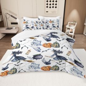 8 Pieces Halloween Comforter Set, Witch Pattern Bed In A Bag Bedding With Comforter Sheet Sham - 1 Comforter, 2 Pillow Shams, 1 Flat Sheet, 1 Fit (Option: Full-White)
