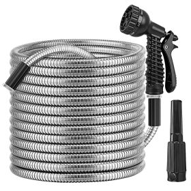 25FT-50FT-100FT Options -- 1Pc Heavy Duty Stainless Steel Garden Hose Garden Watering Kit Metal Water Hose With 2 Nozzles 12 Patterns Flexible Ex (Option: 100FT)