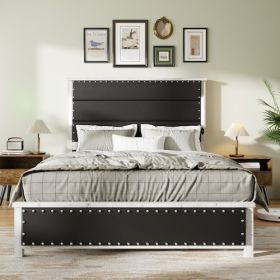 Queen Size Bed Frame With Upholstered Headboard, Queen Bed Frame With Charging Station And LED Lights, Wood Slats, Dark Gray Faux Leather & Rivets, No (Option: Queen)