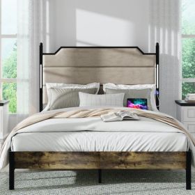 Queen Size Bed Frame With Upholstered Headboard , Queen Bed Frame With Charging Station And LED Lights, Wood Slats, Easy Assembly,No Box Spring Needed (Option: Queen)