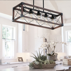 32 Red Wood Industrial Farmhouse Rectangle Pendant Light, 5-Light Chandelier With Lampshade For Dining Room, Kitchen Island, Cafe Decor No Bulbs (Option: Red and Black)