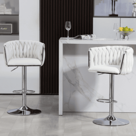 360 Fabric Cover Swivel Bar Stools Set Of 2, Adjustable Counter Height Bar Chairs With Woven Back & Footrest, Silver Chromed Bar Stools For Kitchen Is (Color: Beige)