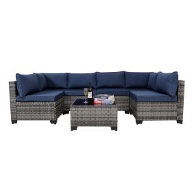 7 Pieces Outdoor Rattan Patio Sectional Set, Black Wicker Furniture Conversation Sets With Washable Cushions & Glass Coffee Table For Garden, Poolside (Option: Grey Blue)